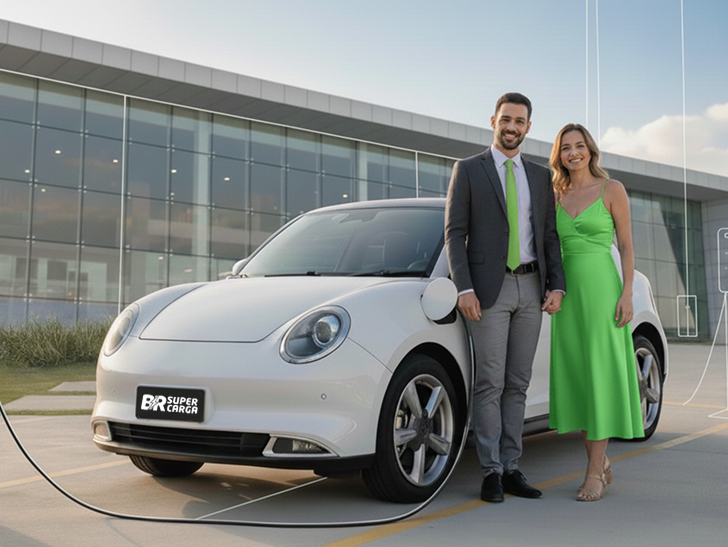 Casal em frente a um carro elétrico em um posto de recarga